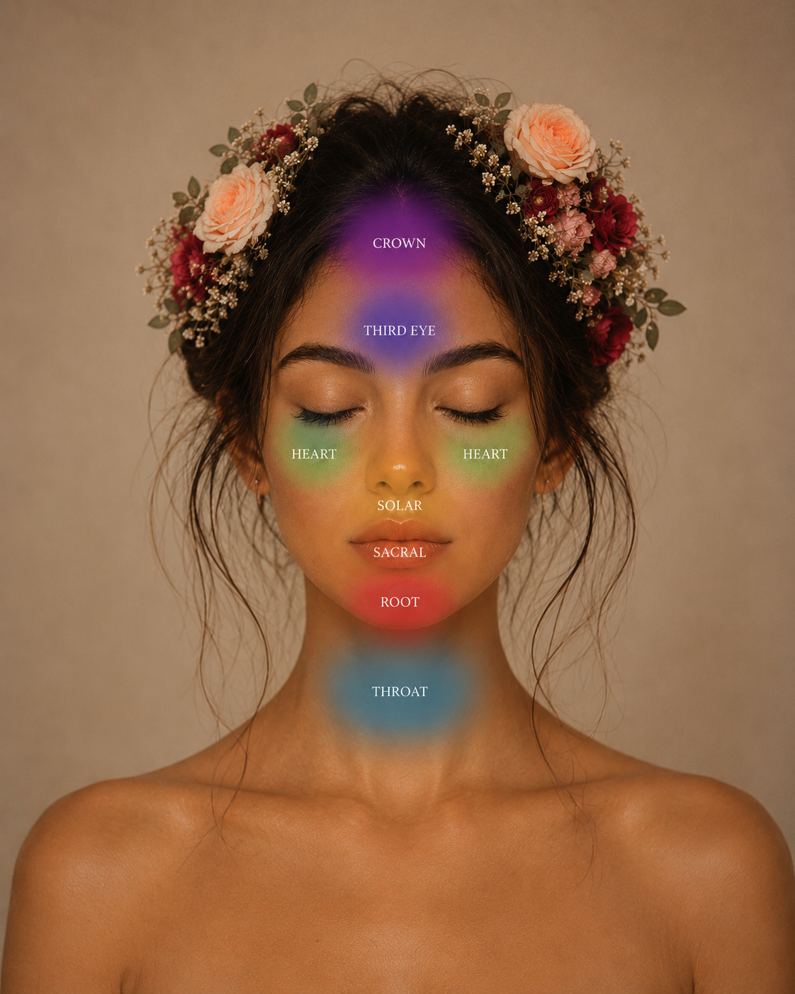 Chakra zones mapped onto the face — Crown, Third Eye, Heart, Solar, Sacral, Root, Throat